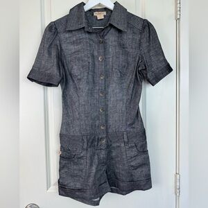 Vintage Frankie B. Y2K Linen Blend Button Front Romper Coquette Gray Gold Sz 2